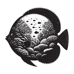 silhouette of Sunfish filled with underwater view with coral in rough drawing