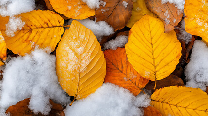 Close up of yellow and orange Autumn leaves with snow, texture background or wallpaper