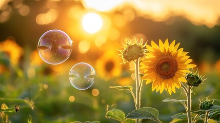 Wall Mural -   A sunflower surrounded by sunflowers, with bubbles floating in the foreground and the sun shining in the background