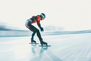 Wall Mural - A person rides a skateboard down a snowy mountain slope, winter scenery