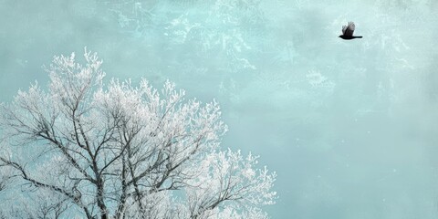 Poster - Bird flying through leafless winter tree against a frosty blue sky