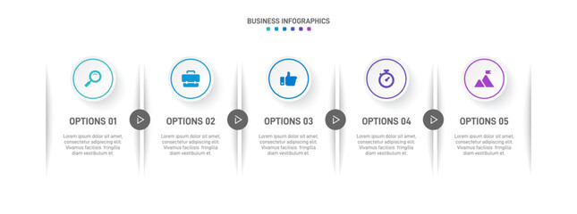 Wall Mural - Horizontal progress bar featuring 5 arrow-shaped elements, symbolizing the five stages of business strategy and progression. Clean timeline infographic design template. Vector for presentation