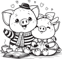 Wall Mural - A couple of pig line art coloring book illustration