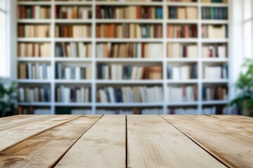 white The empty wooden table top with blur background of bookcase. Exuberant image with generative ai