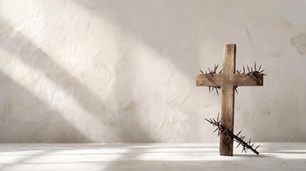 Wooden cross and crown of thorns on light background. Good Friday concept with generative ai