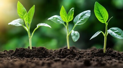 Canvas Print - Three plants sprout from the ground in a field, AI