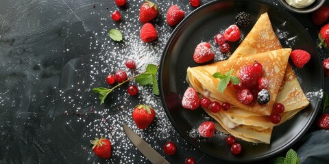 Canvas Print - Delicate crepes with milk eggs fresh berries and mint