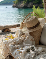 Wall Mural - A beach bag with a hat and clothes spilling out, set against a stunning beach backdrop.