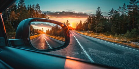 Canvas Print - Country road sunset reflection in rearview mirror