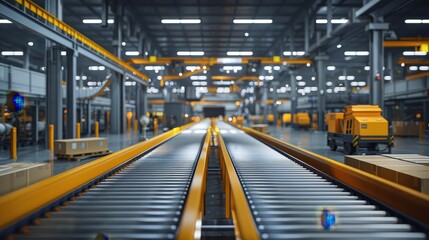 Conveyor system in a large automated warehouse during daytime operations