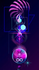 Wall Mural - Dark retro futuristic art neon abstraction background cosmos new art 3d starry sky glowing galaxy and planets blue circles