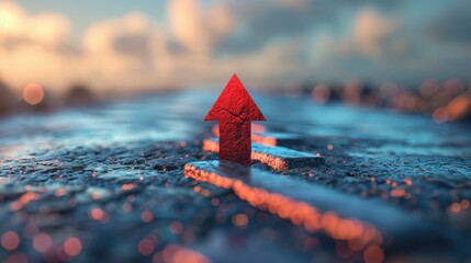 Red upward arrow on wet pavement during sunset with clouds in the background