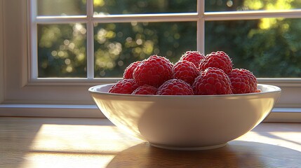 Wall Mural -   A white bowl brimming with juicy raspberries rests atop a wooden table, close to the window sill