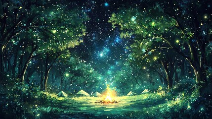 Poster -   A painting of a campfire surrounded by stars and woodlands