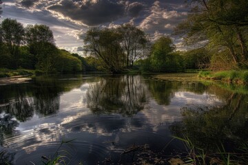 Wall Mural - A serene lake scene with surrounding trees and cloudy sky