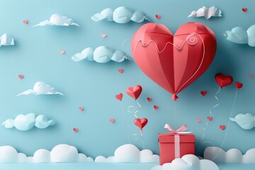 Sticker - A red heart-shaped balloon floats high in the sky, attached to a wrapped gift