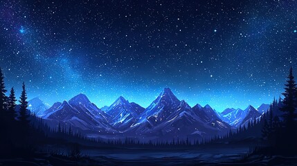 Canvas Print -   A night sky painting with mountains and trees in the foreground and stars in the background