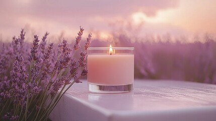 Canvas Print -   A white candle rests atop a table amidst a bouquet of lavender flowers, framed by a cloudy sky