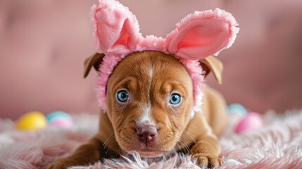 Cute puppy wearing bunny ears surrounded by pastel Easter eggs indoors