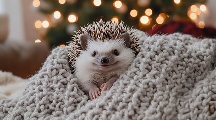 Sticker -   Hedgehog on blanket near Christmas tree with lit background