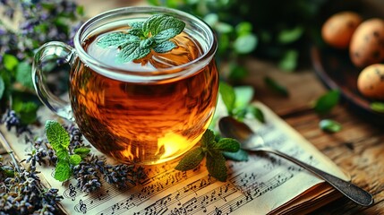 Wall Mural -   A mug of tea with a fresh mint leaf perched on top, accompanied by fried eggs and a serving spoon