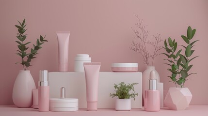 Elegant display of skincare products with plants on a soft pink background