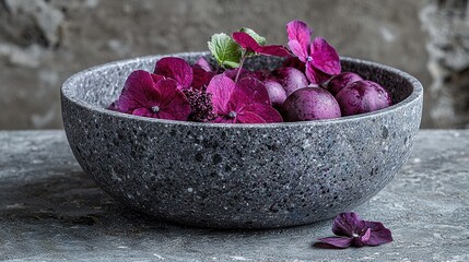 Poster -   A bowl brimming with purple blooms resting atop a slate table beside a lying lilac blossom