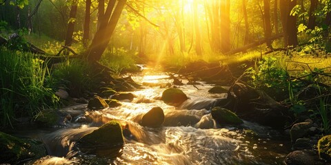 Wall Mural - Sunset photo of a serene summer forest landscape with a flowing stream