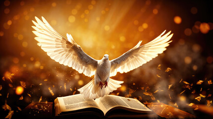 White dove taking flight over open bible with golden background