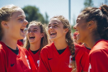 A group of young women in red jerseys happily laughs together while celebrating on a brightly lit softball field