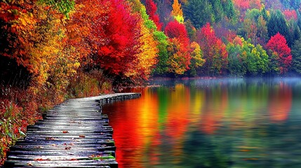 Poster -   A winding path through tree-lined foliage leads to a serene body of water at its center