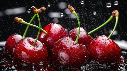   A cherry arrangement sits atop a black cloth, with droplets of water scattered around it