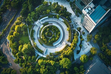 This aerial perspective highlights a circular building nestled in a vibrant green park, bordered by lush trees and geometric pathways, reflecting a serene urban environment