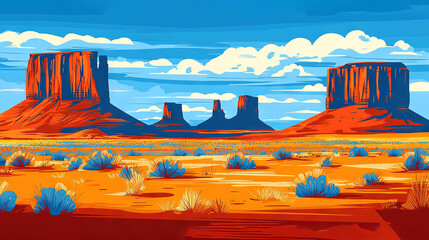 Wall Mural -   A stunning desert landscape painting featuring a vibrant blue sky backdrop and imposing red rock formation in the foreground