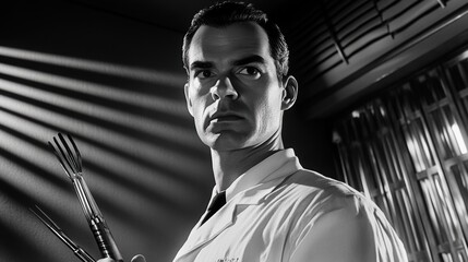 Poster - A man in a white coat holding two knives and one spoon, AI