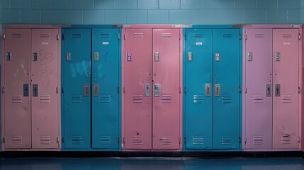 A line of blue and pink lockers in a modern building, useful for education, corporate or commercial settings