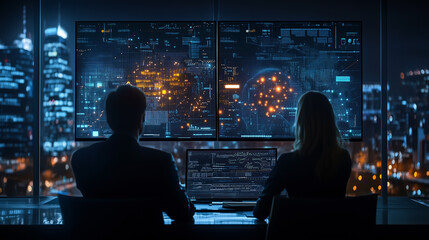 Two software developers working late at night in a dark office analyzing big data on computer screens