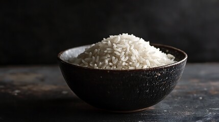 Wall Mural - Close-up of white rice in a black bowl.