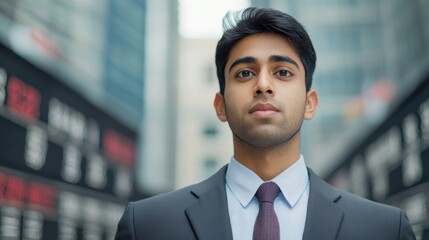 Poster - A man in a suit and tie standing next to some buildings, AI