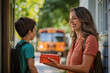 © Nesta - Mum gives her son a lunchbox for school on her doorstep with a school bus in the background