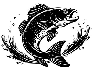 Wall Mural - Fishing bass logo. Bass fish with rod club emblem. Fishing theme illustration. Fish Isolated on white