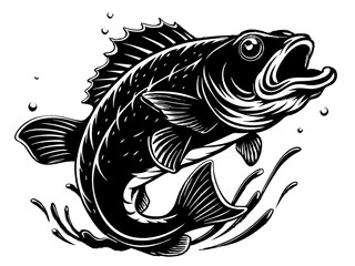 Wall Mural - Fishing bass logo. Bass fish with rod club emblem. Fishing theme illustration. Fish Isolated on white