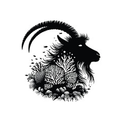 silhouette of Goat, filled with underwater view with coral in rough drawing,