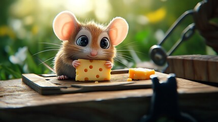 Cute cartoon mouse enjoying a tasty piece of cheese.