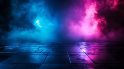 Sticker - Dark tile floor with blue and pink fog.