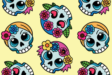 Skulls and flowers in a colorful Dia de los Muertos pattern on a yellow background.