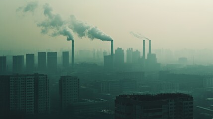 A hazy cityscape with industrial smokestacks emitting pollution into the atmosphere.