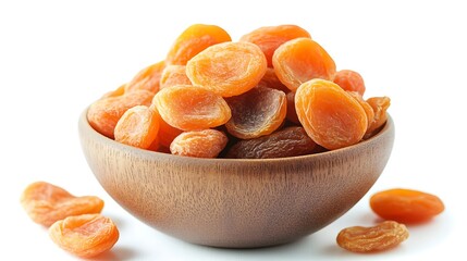 Dried apricots in a wooden bowl on a white background.