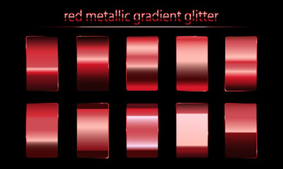 A set of red metallic glossy gradients on a black background Texture of a smooth metal surface. Vector illustration.
