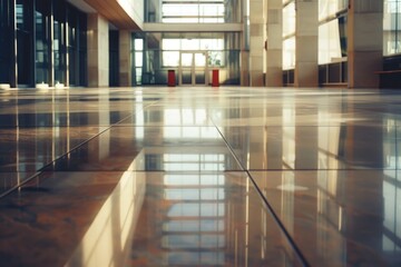 Poster - A view from the inside looking out at a large building with many windows, featuring a tiled floor